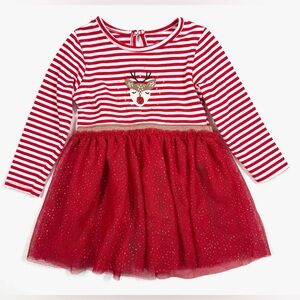 PRIMARK Baby Girls' Red Stripe Reindeer Embellished Tulle Skirt‎ Dress Size 6-9M